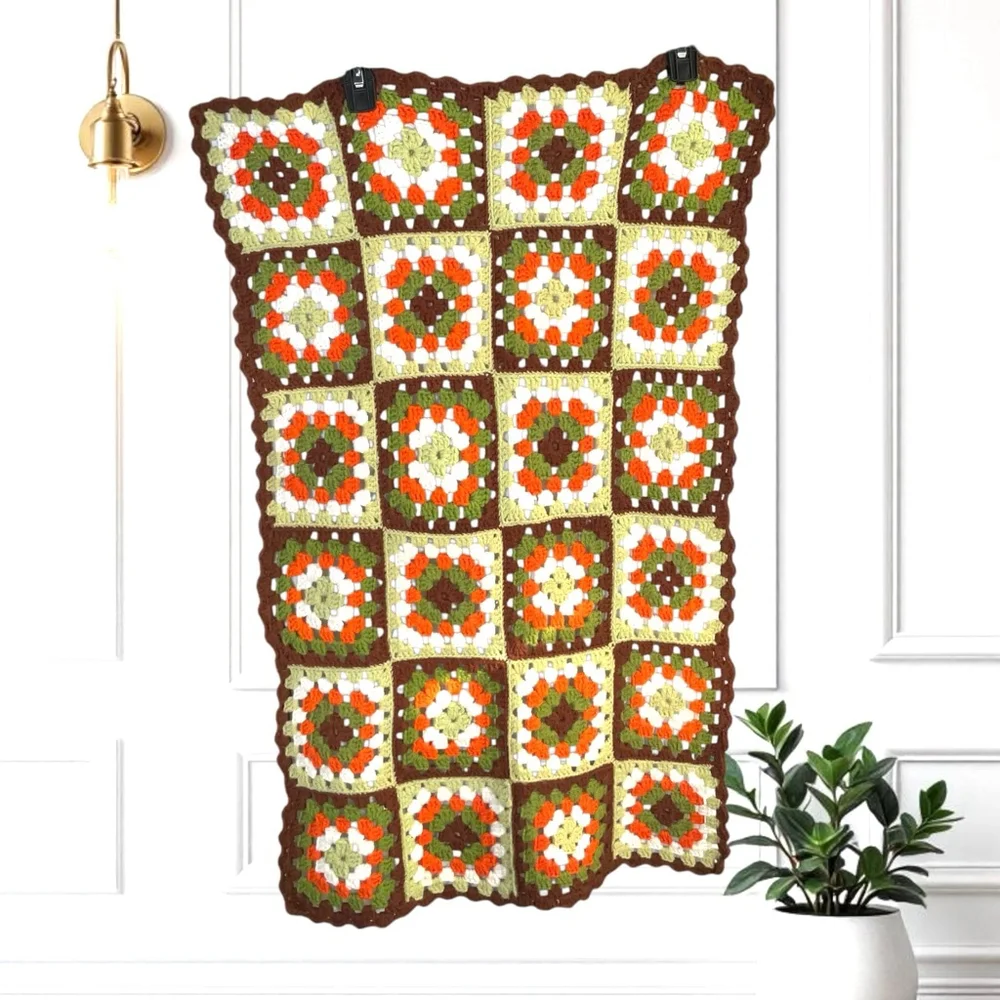 Vintage Retro Orange, White, Brown, Avocado Granny Square Couch Arms/Back Throw
